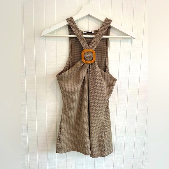 Suzy Shier Tops - Beige Black Y2K Halter Top with Boho Buckle Detail